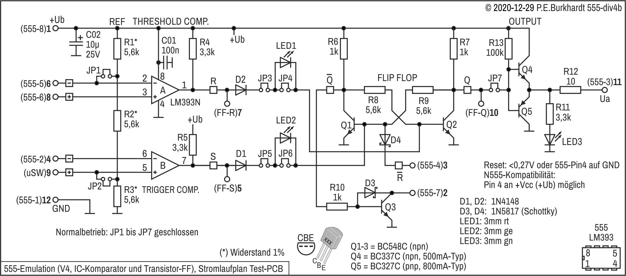 555-Emulation mit IC-Komparator und Transistor-FF (Test-PCB)